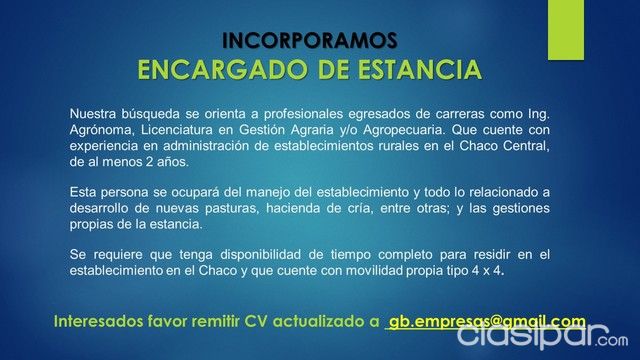 ENCARGADO DE ESTANCIA ZONA CHACO CENTRAL 756601 Clasipar