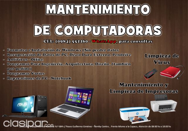 Computadoras - Notebooks - MANTENIMIENTO DE PC Y NOTEBOOK, FORMATEO E INSTALACION DE WINDOWS