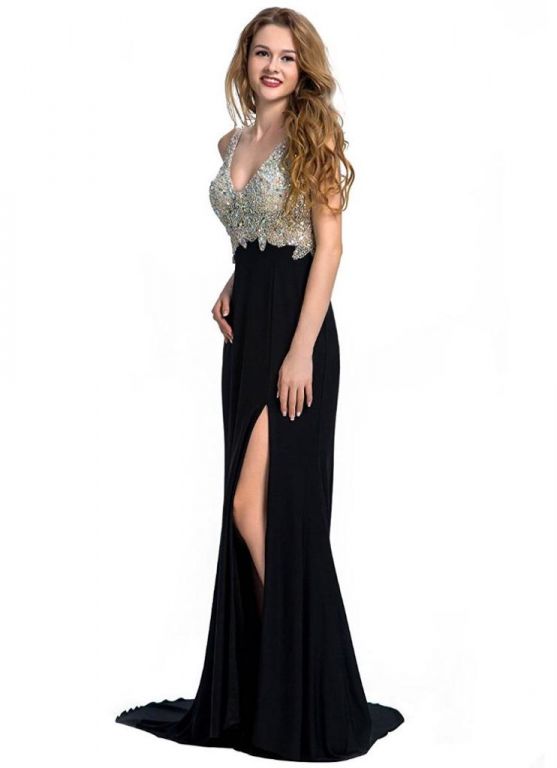 ALQUILER DE VESTIDOS PARA EVENTOS , VESTIDO COLOR NEGRO CON DETALLES  BRILLANTES Y TAJO EN LA PIERNA #1127221 | Clasipar.com en Paraguay