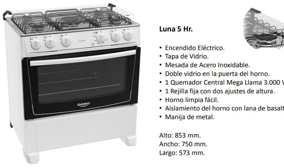Cocina DAKO DAKOLORS, 5 Hr. M.v. Grill, Luz - Tienda Prelife