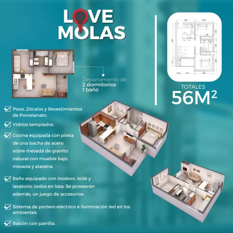 Love Molas: Departamento de 2 dormitorios 56m2 a 100 metros de Casa Rica 2 — foto 3