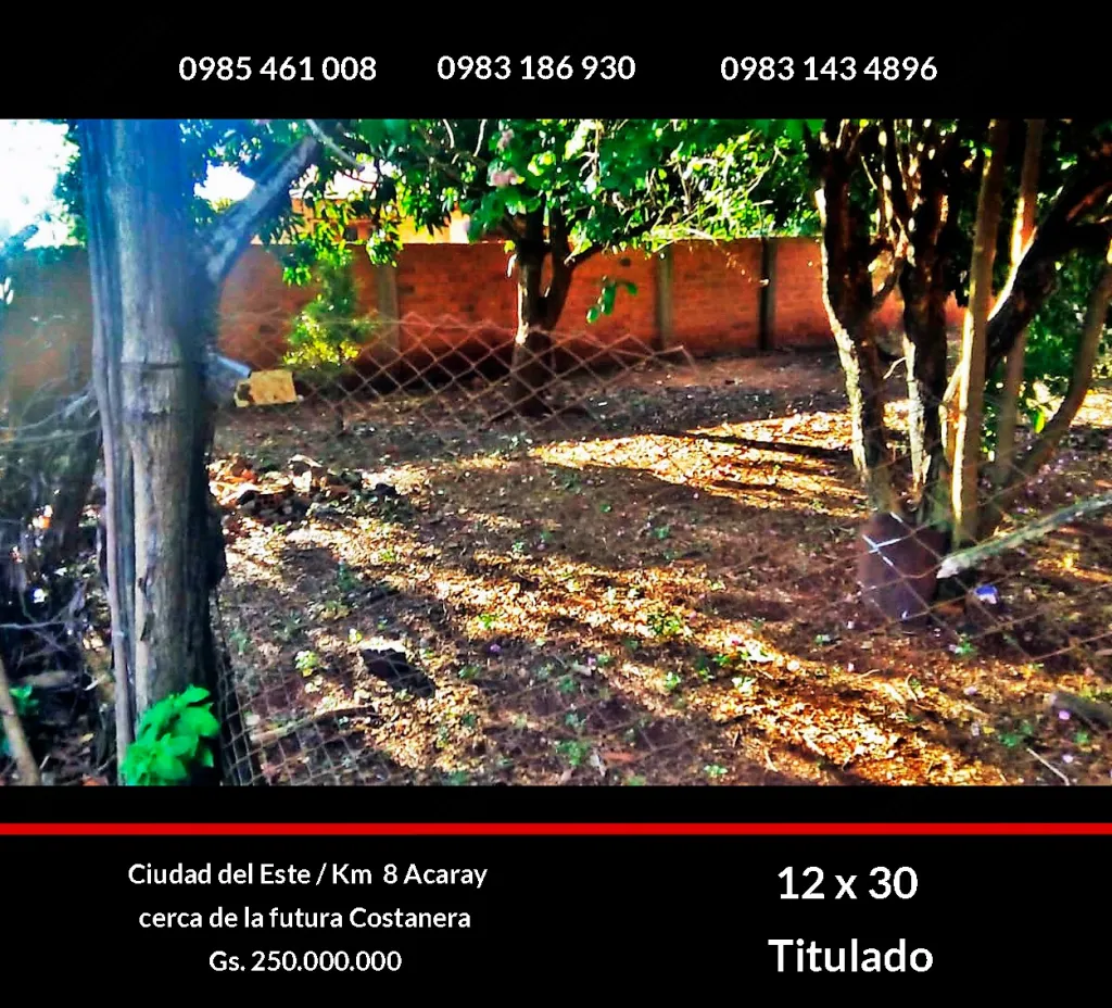 Vendo terreno en Km8 Acaray. 12 x 30. Arbolado, cercado. Título e impuestos al día. — foto 3