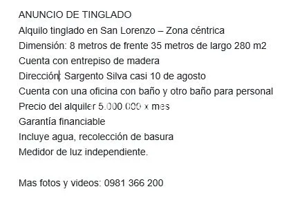ALQUILO TINGLADO EN SAN LORENZO - ZONA COMERCIAL — foto 3