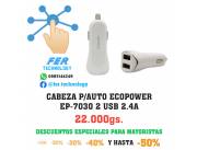 CABEZA CARGADOR P/AUTO ECOP EP-7030 2 USB 2.4A