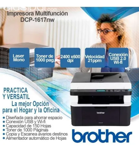 Impresora Brother Laser Multifuncion Dcp-1617nw 21ppm 600 Dpi Red Wifi