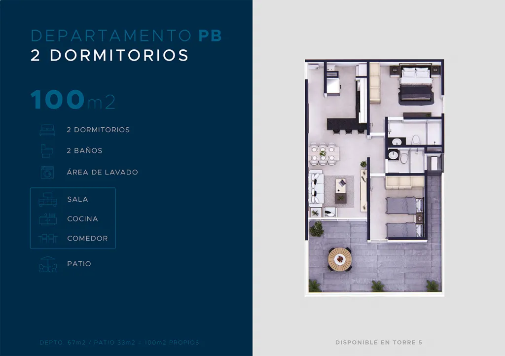 Dpto. 2 dorm. PB 100 m2 con patio privado — foto 2
