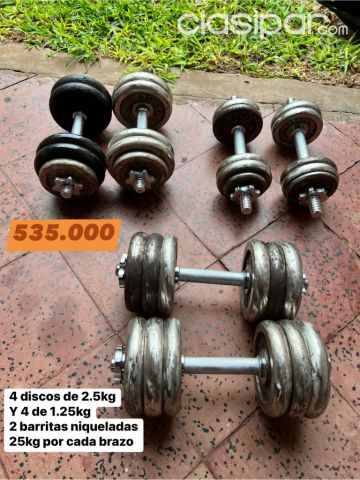 Aerobics y fitness - Mancuernas con discos niquelados usados pero con barritas recargables nuevas