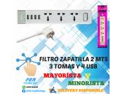 FILTRO RU-S2 2MTS 3 TOMAS Y 4 USB (ZAPATILLA)