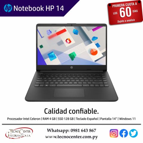Computadoras - Notebooks - Notebook HP 14 Intel Celeron. Adquirila en cuotas!