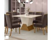 CONJUNTO COMEDOR RECTO CON VIDRIO ALICIA 8 SILLAS MALU HENN OFF WHITE|NATURE SILLA MARRON