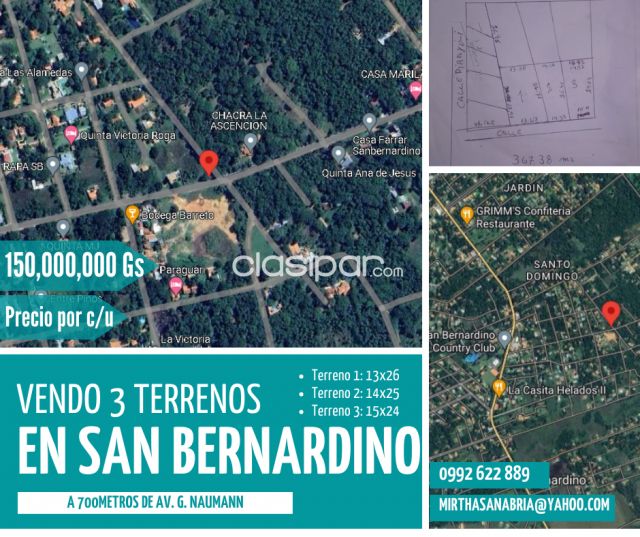 Terrenos - VENDO 3 TERRENOS EN SAN BERNARDINO, EL PRECIO ES POR C/U, A 700MTS DE AV.