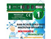 MEMORIA RAM PC 8GB DDR3/1600MHZ MACROVIP