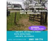 EN VENTA PROPIEDAD DE 12 HECTAREAS (200X600). SOBRE ASFALTO, EN 1° DE MARZO, CORDILLERA!!