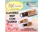 llavero madera mdf + cuero + grabado laser