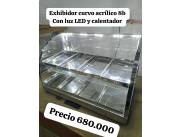 EXHIBIDOR CURVO ACRILICO 6 BANDEJAS CON CALENTADOR Y LUZ LED
