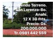 SAN LORENZO- BARRIO ANAHI. VENDO TERRENO A 20 MTS.DE EMPEDRADO CON TODOS LOS SERVICIOS BÁS