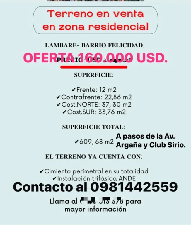 LAMBARE-BARRIO FELICIDAD VENDO AMPLIO TERRENO DE 608 MTS2. ZONA CLUB SIRIO Y AV. ARGAÑA. — foto 2