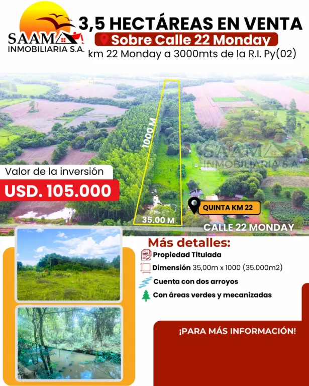 3,5 HECTÁREAS EN VENTA- MINGA GUAZÚ - KM 22 MONDAY — foto 2