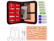 Kit de sutura para práctica médica con piel sintética e instrumentos de calidad.