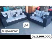 Juego de Living cuadrado 3.2. Con 2 sofas con almohadones negro con gris