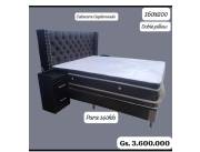 Juego de sommier con cabecera capitone 160x200cm y mesitas