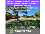 VENDO TERRENO DE 435 M2. IDEAL PARA CONSTRUIR DUPLEX EN ZONA PA-I ÑU ÑEMBY !!