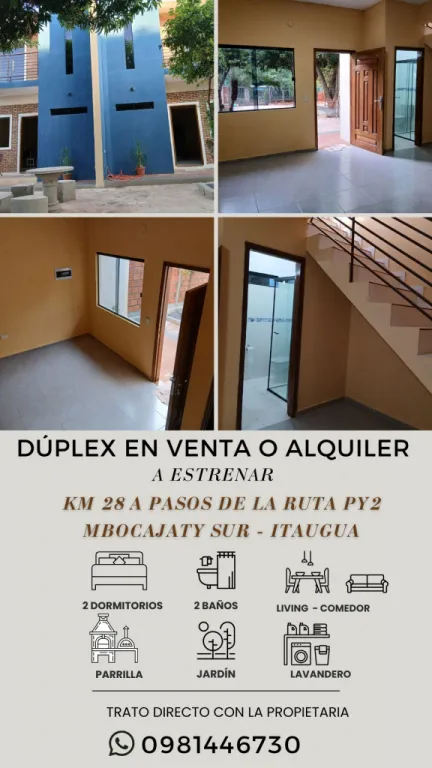 ALQUILER O VENTA DE DUPLEX A ESTRENAR EN ITAUGUA MBOCAJATY SUR - KM 28 — foto 2